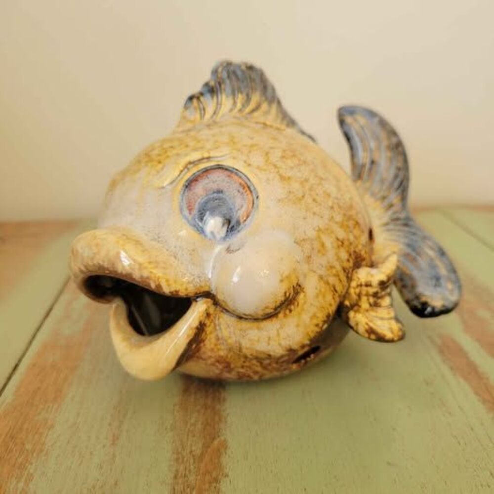 Vintage Stoneware Pottery Fish Figurine • Mid Century Kitsch • Big Eyed Fish